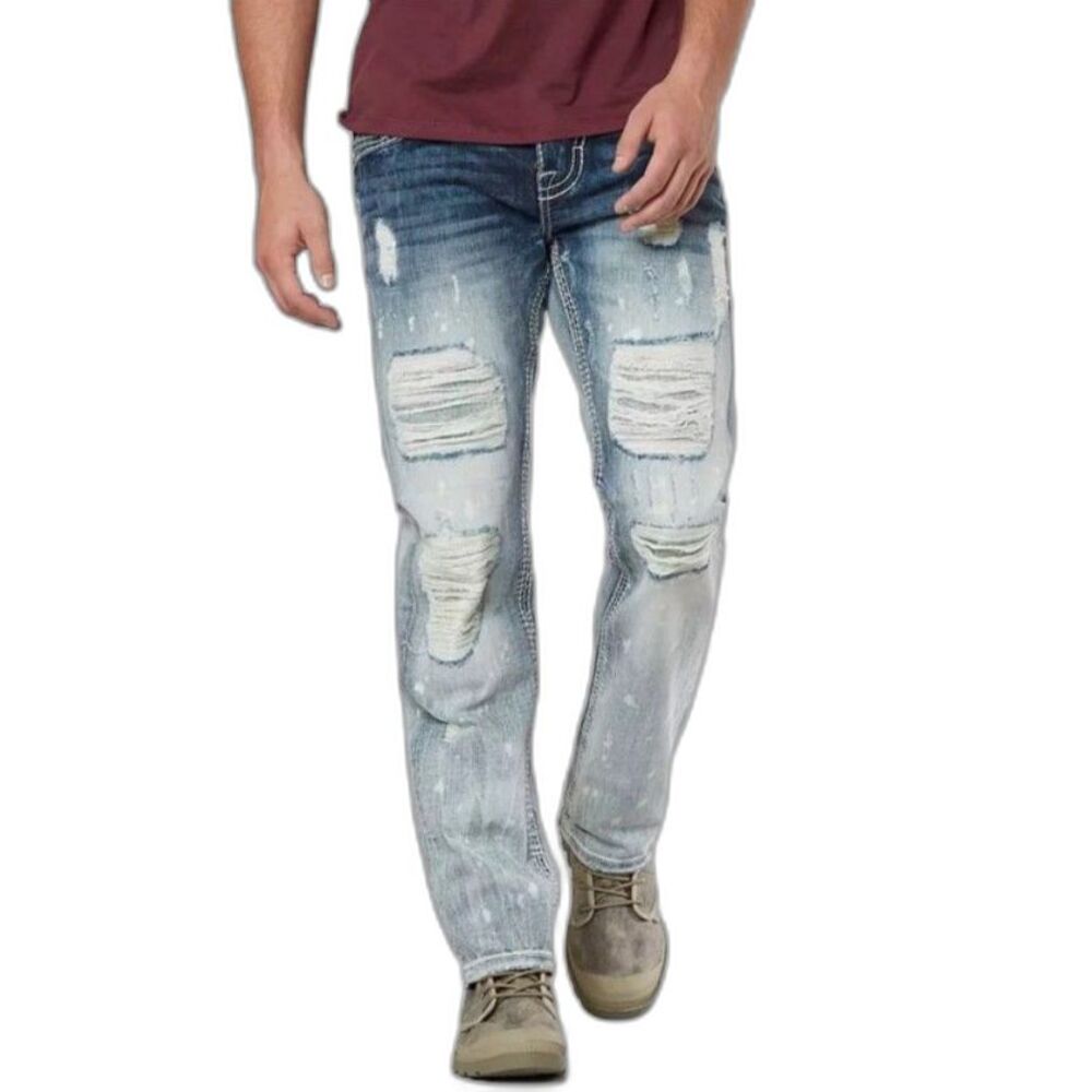 Rock Revival Men's Blue Denim Yael Ripped Faded Straight Leg Jeans Size 32 X 31